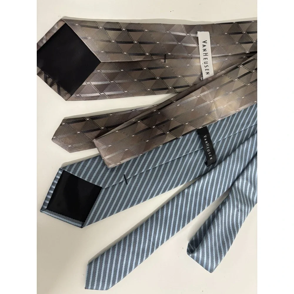 Van Heusen Mens Tie Lot 2pc Blue Gray Striped Geometric Pointed Neckties